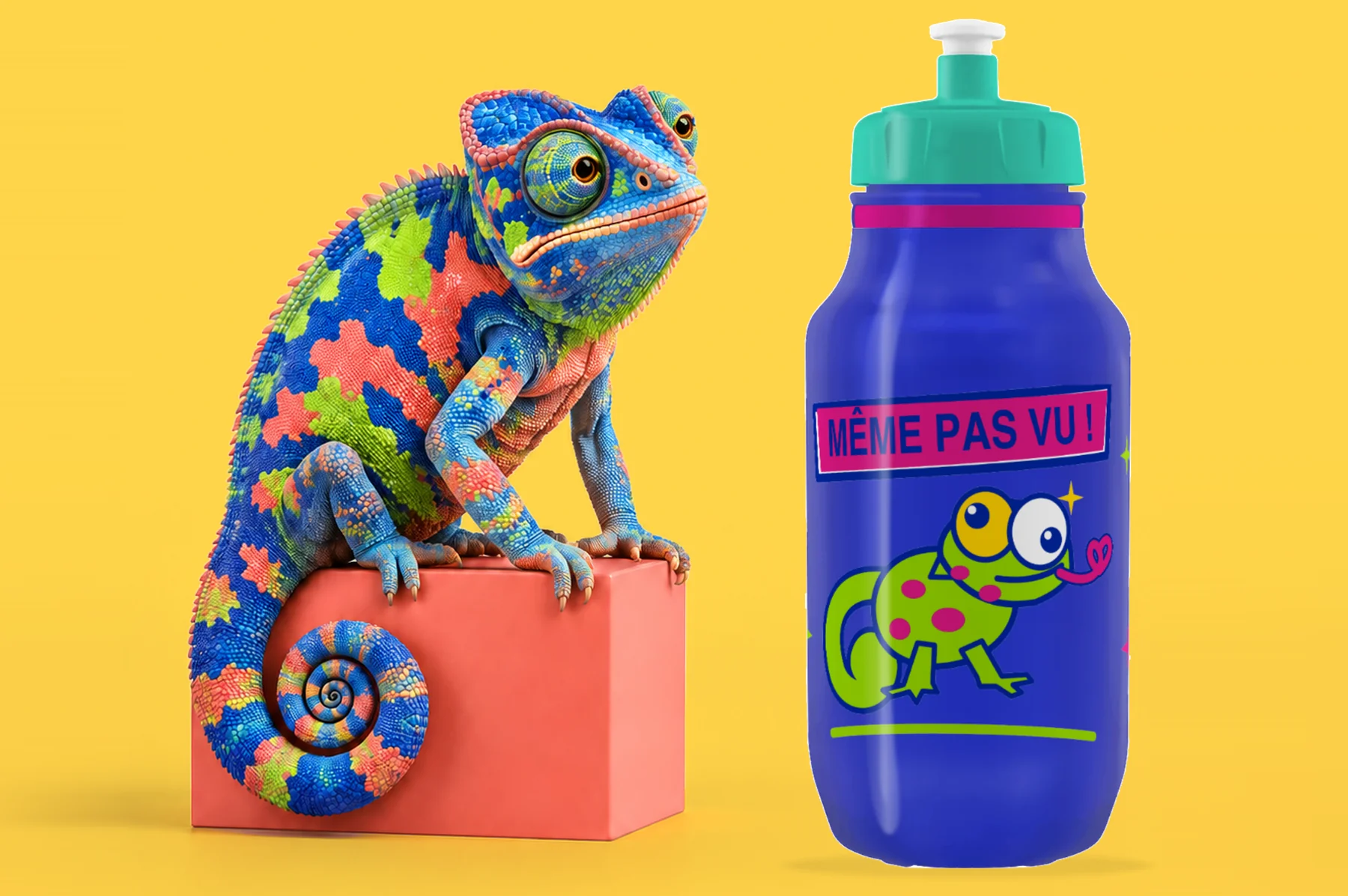 Un caméléon multicolore à côté d’un bidon Spécialités T.A. personnalisé « Même pas vu ! »